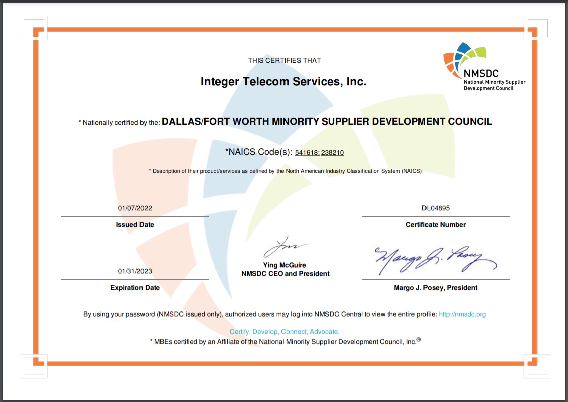 Integertel Certified by Dallas/Fort Worth Minority Supplier